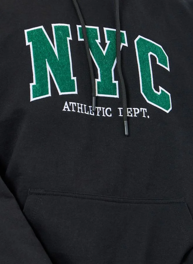 Styli Men Black Embroidered NYC Fleece Hoodie